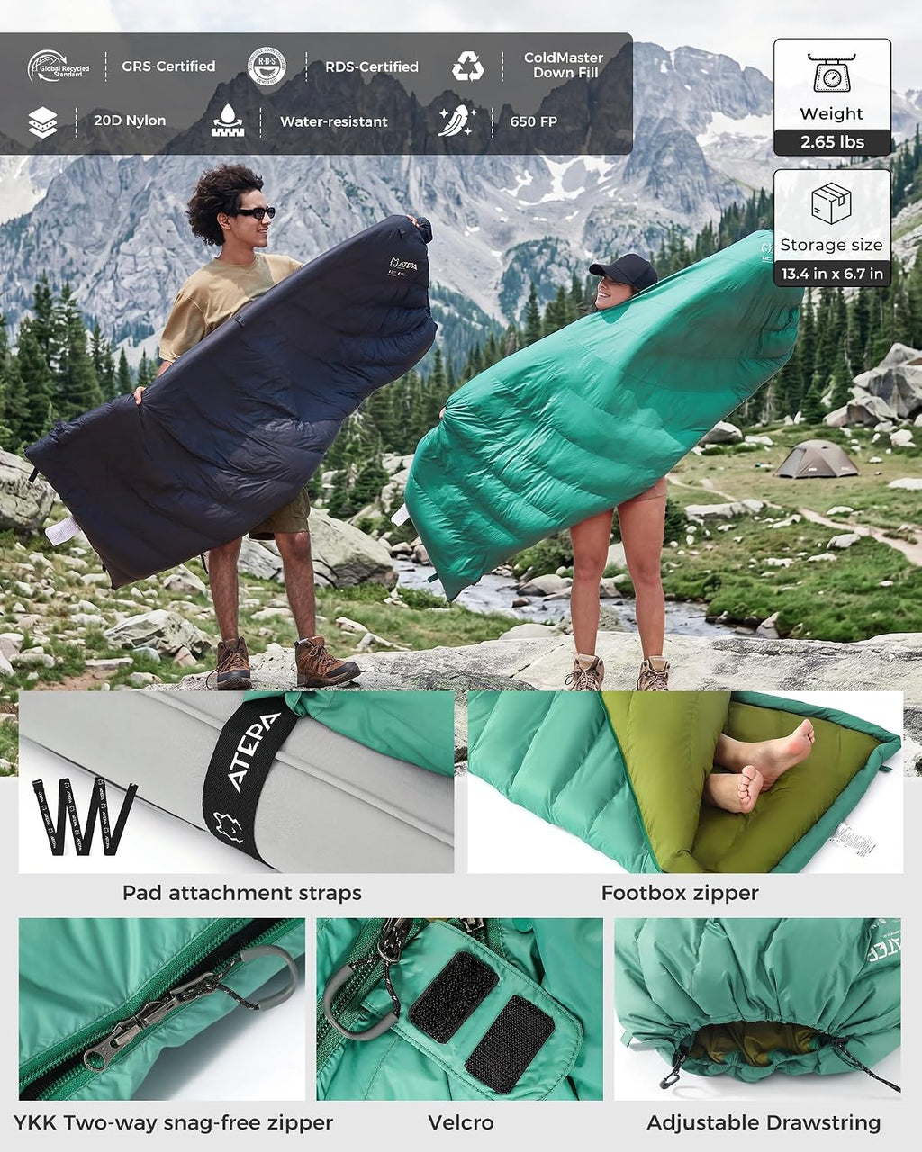 ATEPA 3-in-1 Hybrid Down Sleeping Bag, with Pad Attachment