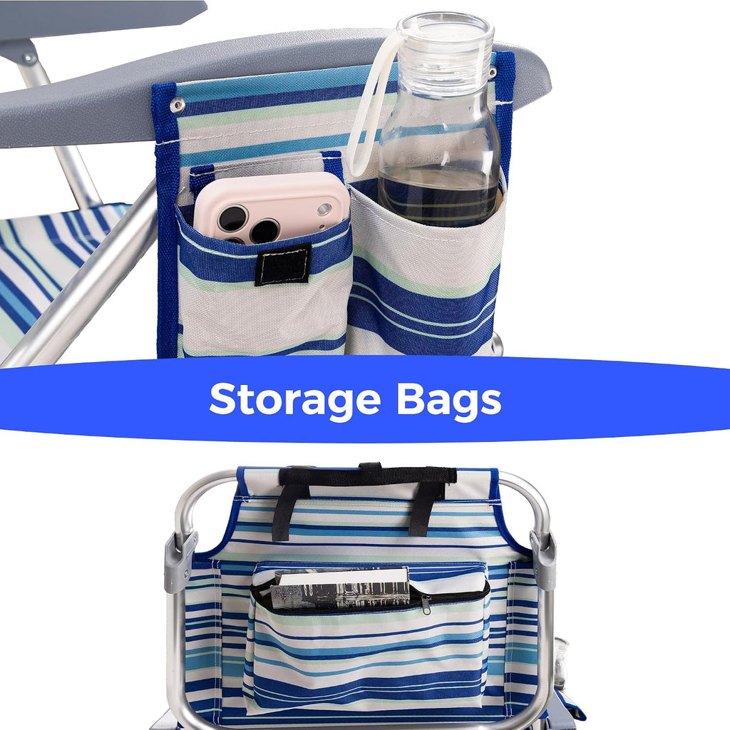 Backpack Beach Camping Chairs with 8 Positions Lay Flat, 2 Pack Lightweight Folding Beach Chair with Adjustable Headrest, Pouch, Cup Holder for Outdoor Lawn Picnic, Support 300LBS(Stripes_Blue & Cyan)