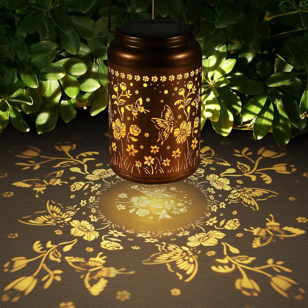 Solar Lantern Outdoor Hanging Lights Christmas Birthday Gifts for Women Mom and Grandma Butterfly Flower Metal Garden Decor Outside Waterproof LED Solar Lanterns for Patio, Yard, Pathway,