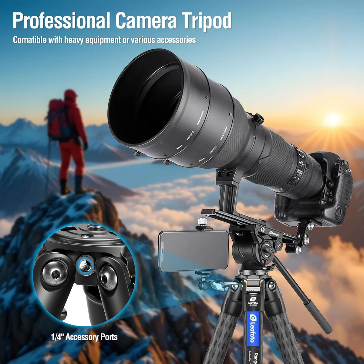 LEOFOTO LS-365CX Professional Camera Tripod, 3/8" Mounting, Folded 3", Length 60”, 5 Section, Compact Carbon Fiber 1.77kg Lightweight Tripod Stand for DSLR Video Camcorder, Max Load 44lbs/20kg