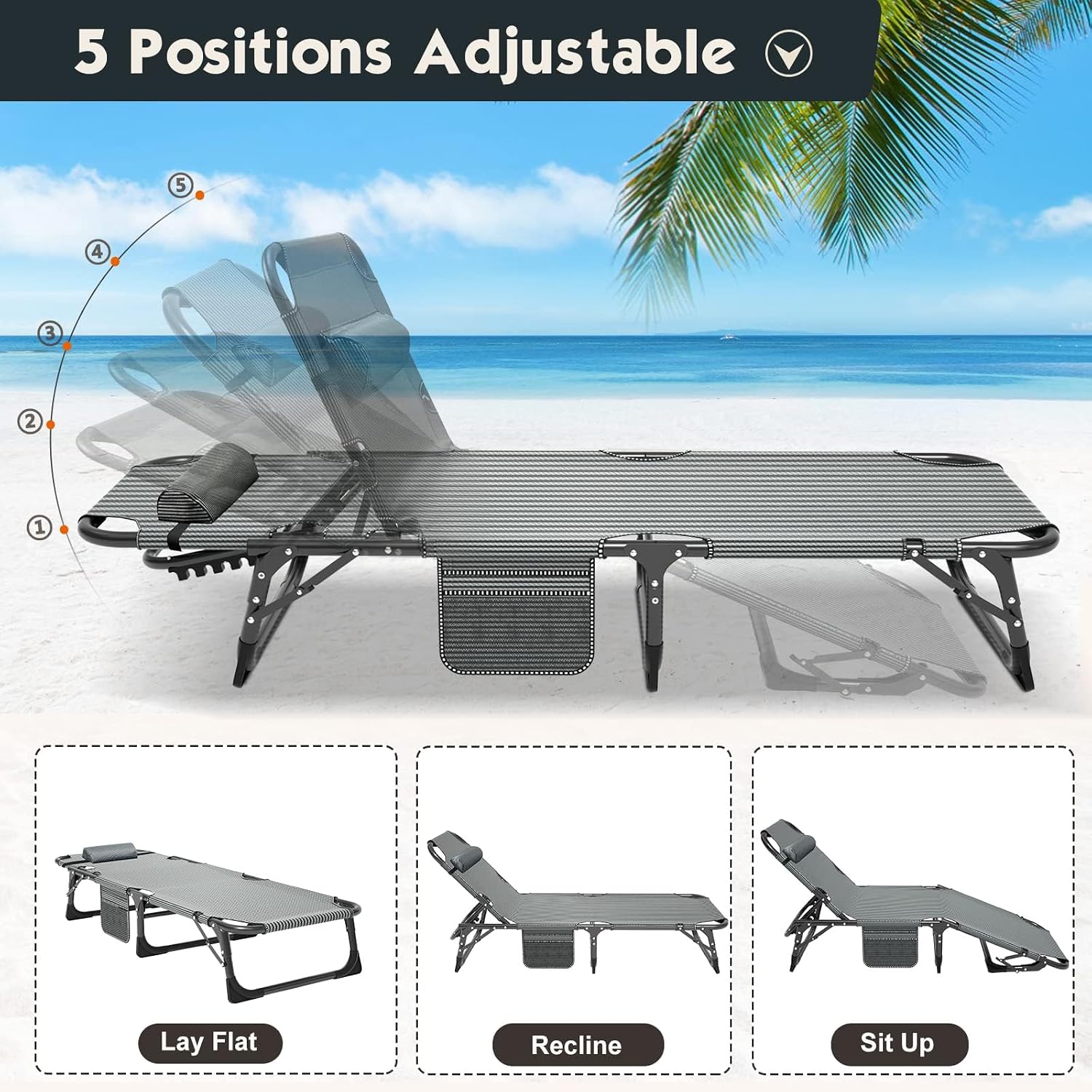 MOPHOTO Folding Lounge Chair, 5-Position Chaise Lounge with Padded Cushion
