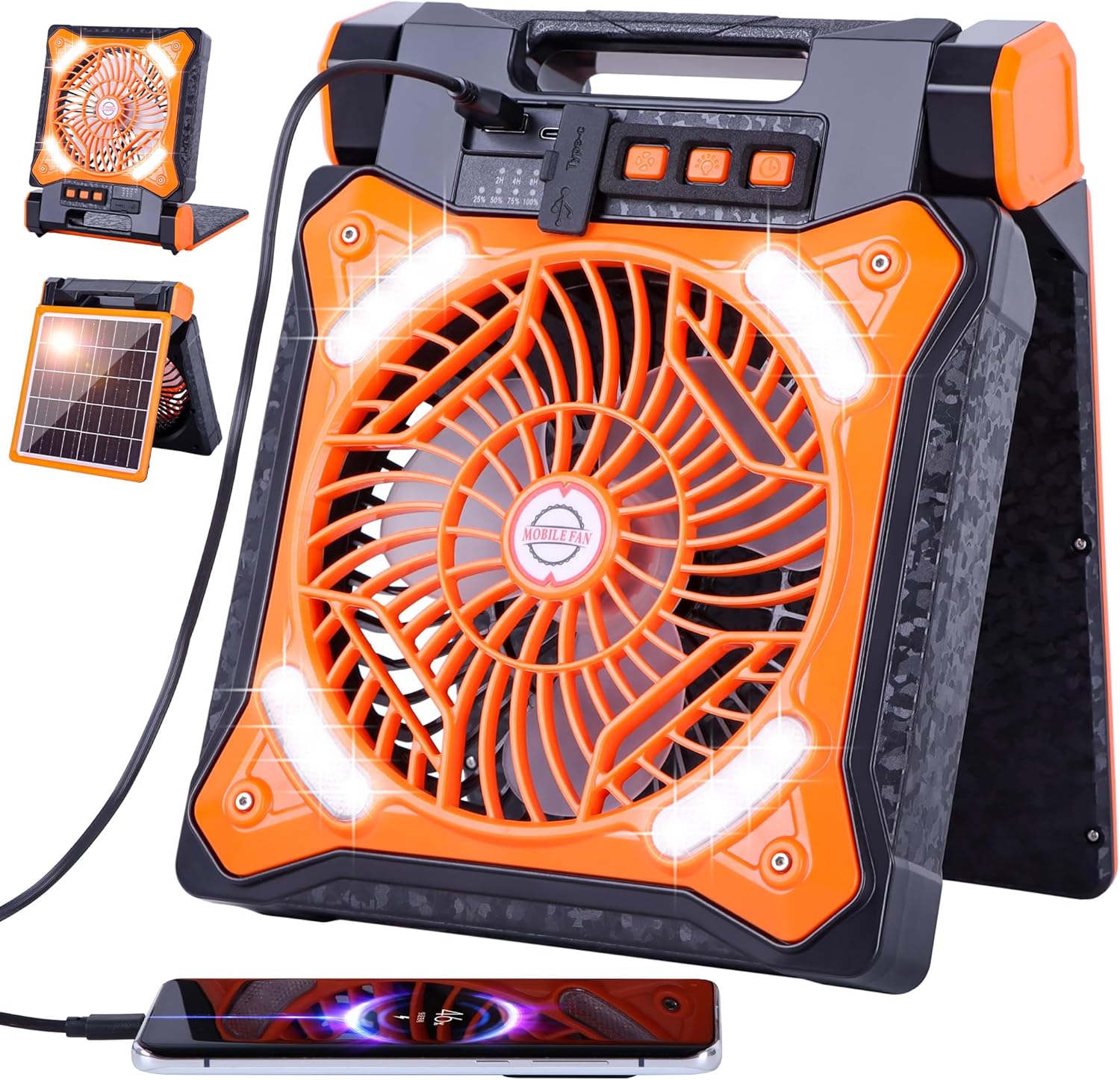 WESTTREE Solar Fan Battery Powered Rechargeable Solar Camping Fan with Led Lantern Power Bank Foldable Angle USB Personal Fans for Travel Outdoor CampingTents camping essentials X98 Orange