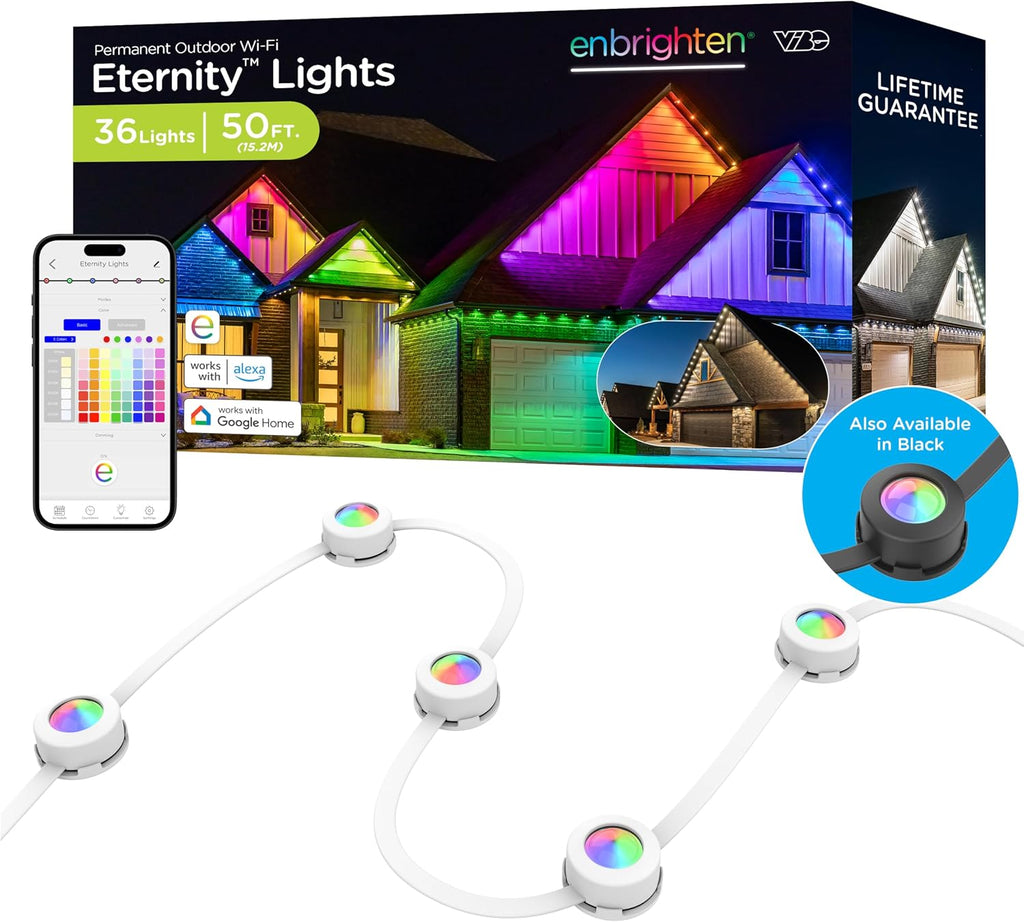 Enbrighten Eternity Permanent Outdoor Lights, 50ft with 36 RGBWIC LED Lights, App‑Controlled, Cuttable, Christmas, Accent & Year‑Round Eave Lighting, Works with Alexa & Google Home, 81102