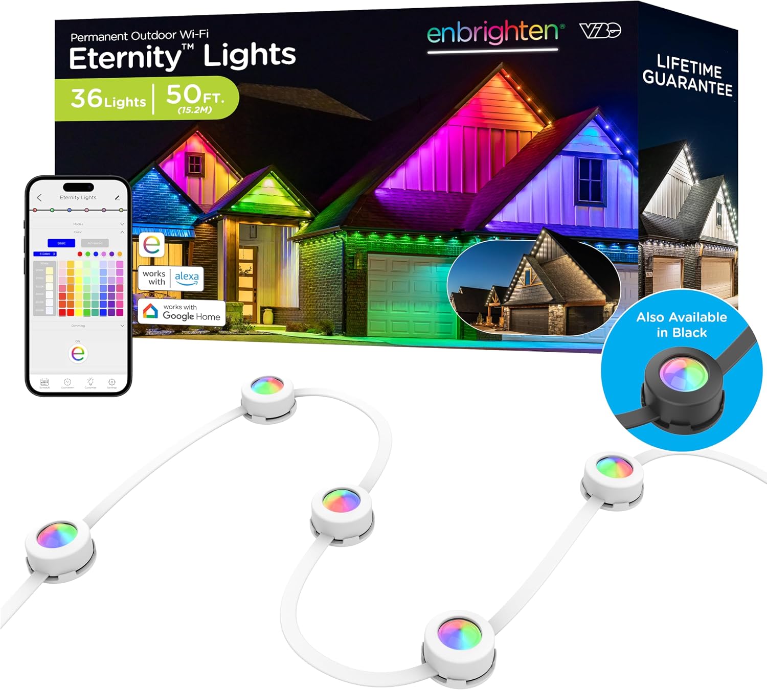 Enbrighten Eternity Permanent Outdoor Lights, 50ft with 36 RGBWIC LED Lights, App‑Controlled, Cuttable, Christmas, Accent & Year‑Round Eave Lighting, Works with Alexa & Google Home, 81102