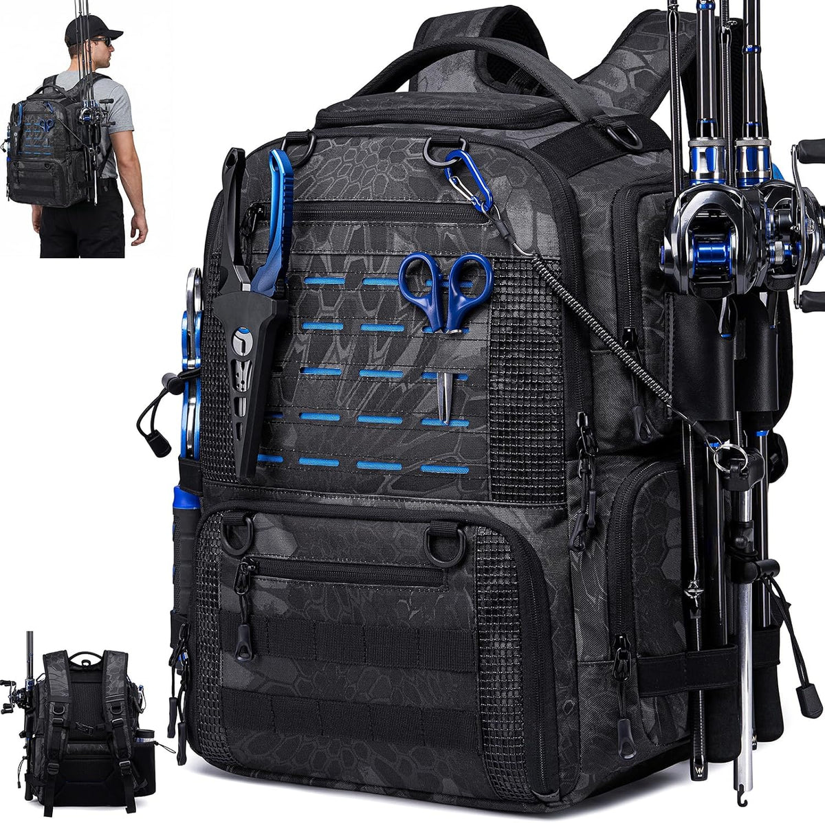 Fishing Tackle Backpack with 2 rod holders & 4 Tackle Boxes