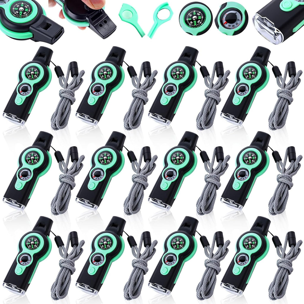 Arrowbash 12 Pack Emergency Survival Whistle 7-in-1 Compass Hiking Survival Safety Whistle with Lanyard Outdoor Multifunctional Tool Ideal for Hiking Camping Rescue Signaling