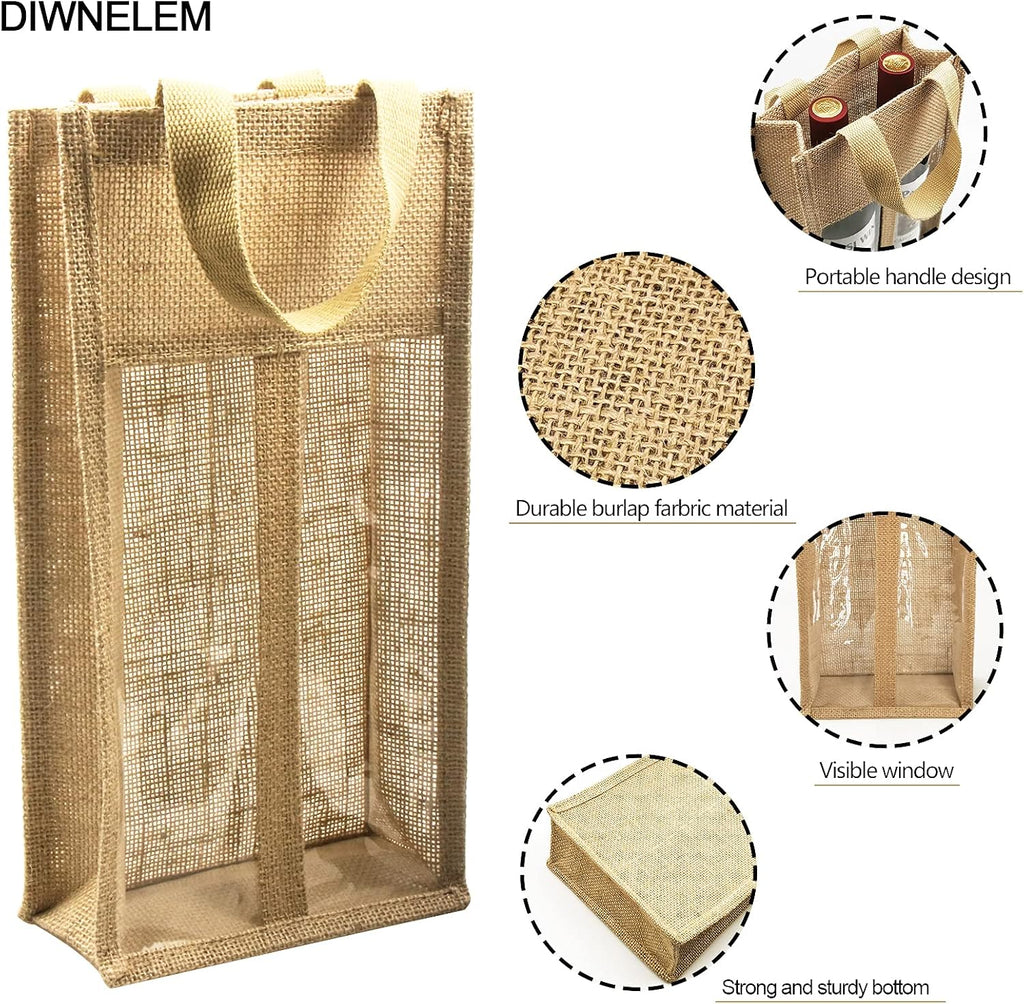 1 Pack Burlap Wine Gift Bags with Two Window Double Window Two Bottles Burlap Jute Wine Bottle Bag for Wedding, Party Favors, Christmas, Holiday and Wine Tasting Party