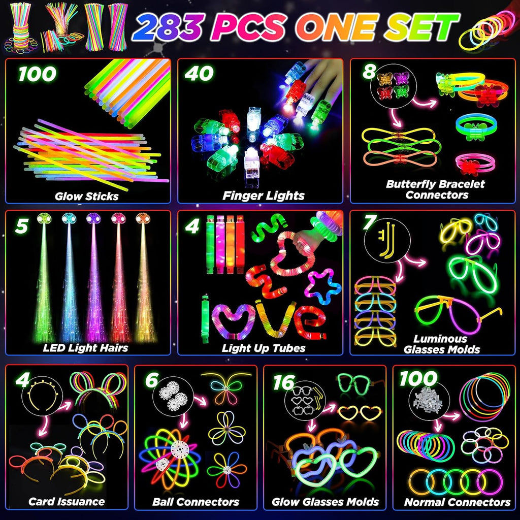 SHQDD Party Supplies, Glow in the Dark Party Favors for Adults Kids, 27 Carnival Accessories, 56 LED Light Up Toys Bulk, 100 Glow Sticks Party Pack, Neon Party Supplies & Decorations