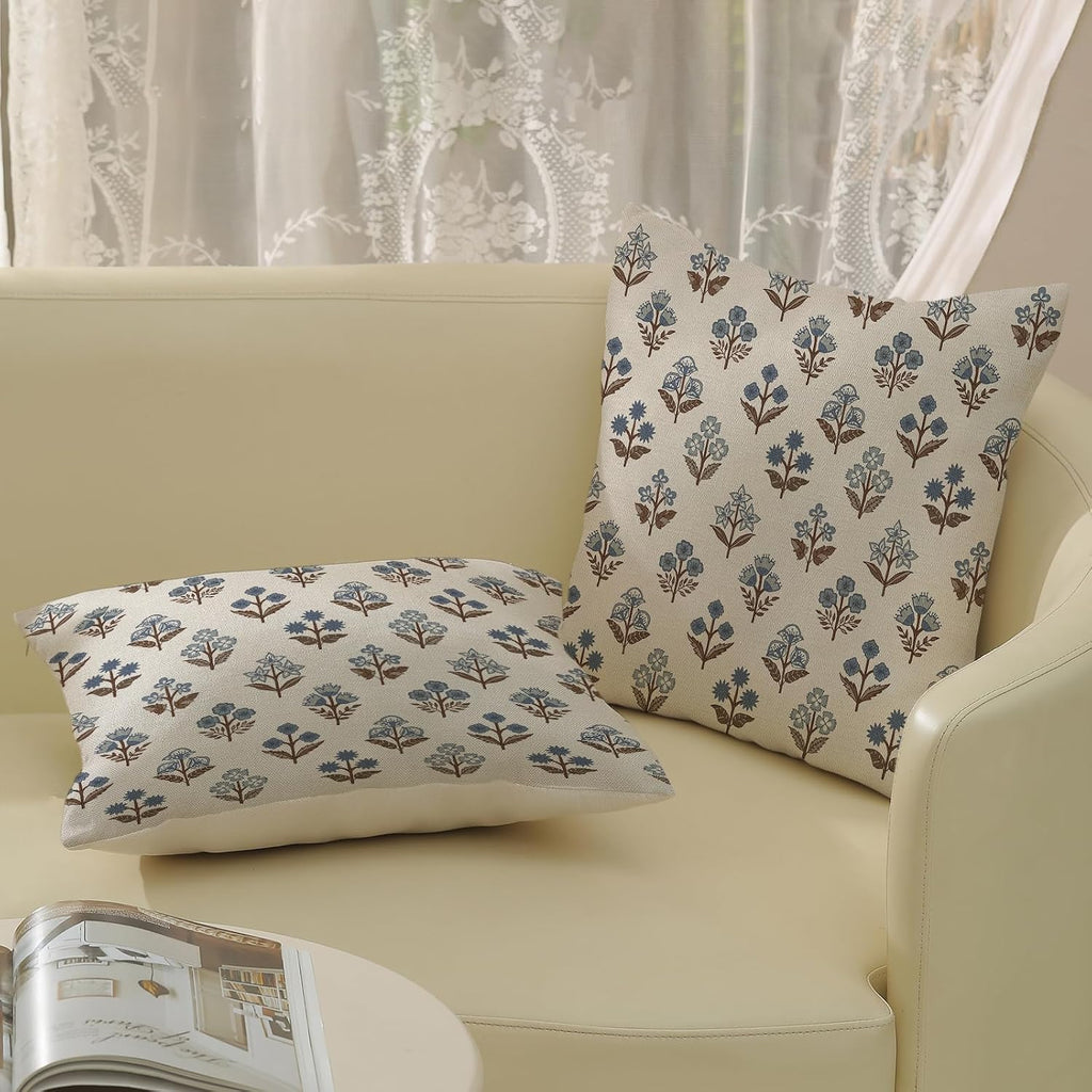 Blue Brown Pillow Covers 18x18 Inch 2 Pcs Block Print Vintage Floral Decor Throw Pillows Boho Flower Spring Summer Outdoor Seasonal Decoration Pillowcase Linen Cushion Cover for Couch Sofa