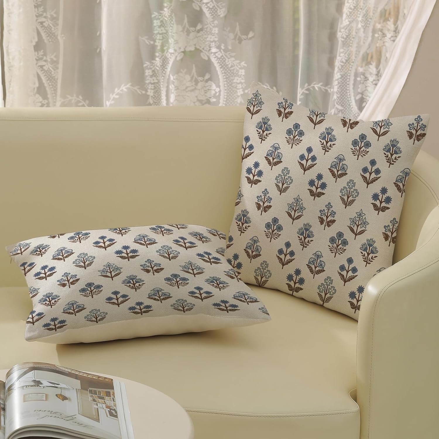 Blue Brown Pillow Covers 18x18 Inch 2 Pcs Block Print Vintage Floral Decor Throw Pillows Boho Flower Spring Summer Outdoor Seasonal Decoration Pillowcase Linen Cushion Cover for Couch Sofa