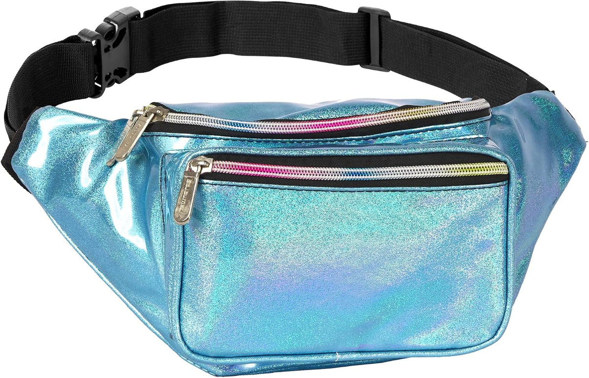 SoJourner Waterproof Holographic Fanny Pack, Blue Glitter