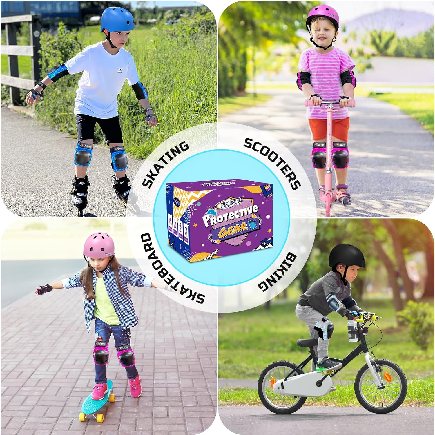 Nattork Knee Pads for Kids Youth Audlt，Knee and Elbow Pads with Wrist Guards 6 in 1 Protective Gear Set for Skateboard, Roller Skate, Inline Skates, Cycling and Scooter Boys Girls