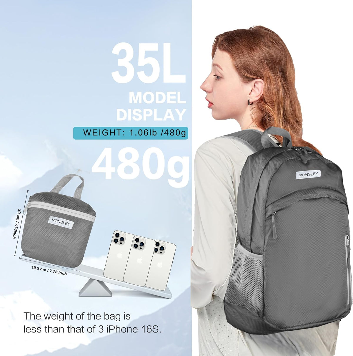 Waterproof Foldable Hiking Backpack, Lightweight Beach Bag Grey