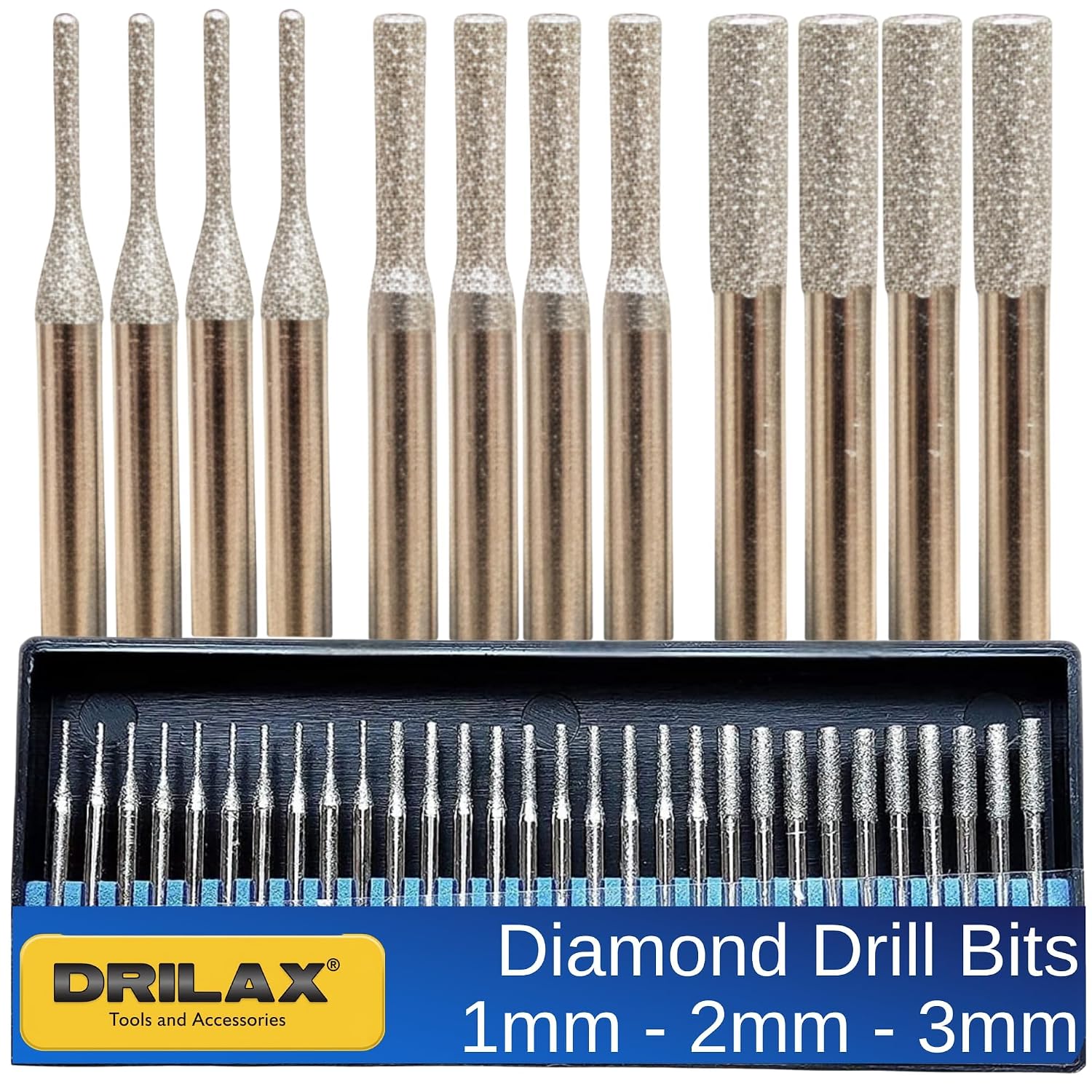 Drilax 30-Pc Diamond Drill Bits for Stone, Glass, Dremel, 1-3mm, 1/8" Shank