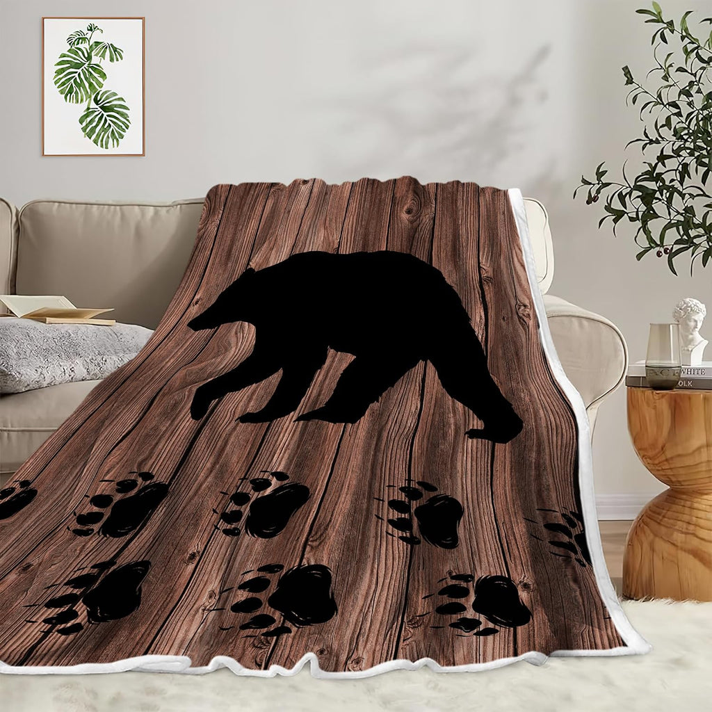 Torich Cabin Bear Throw Blankets, Rustic Lodge Brown Wooden Country Hunting Wild Animal Cozy Warm Bed Couch Blanket, White Fleece Flannel Throws to Decorate The Room and Bedroom Travel