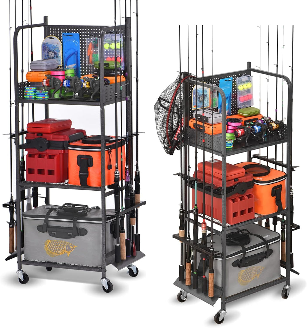 Heavy Duty Fishing Rod Rack, Fishing Organizer for Garage, Fishing Gear Holder for Garage with Movable Wheels