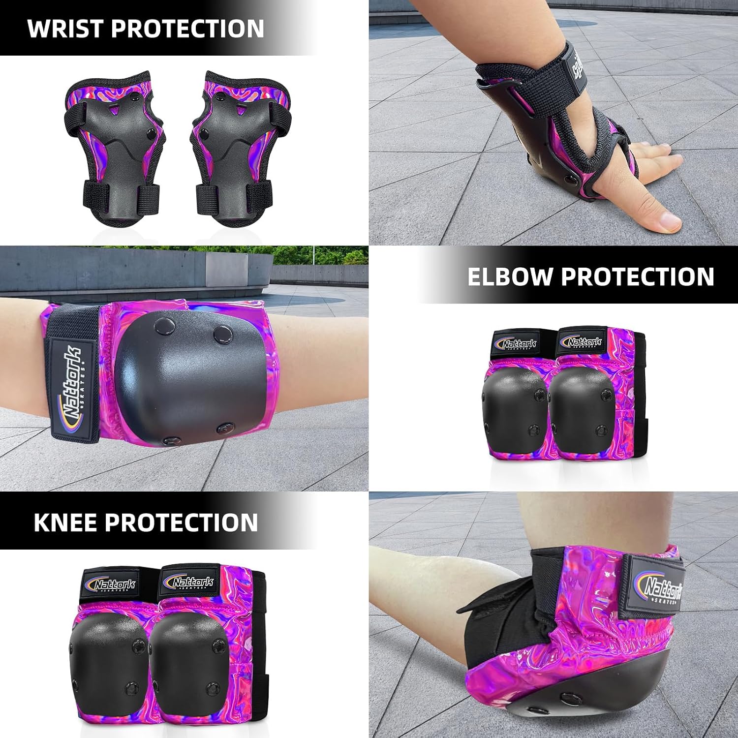 Nattork Knee Pads for Kids Youth Audlt，Knee and Elbow Pads with Wrist Guards 6 in 1 Protective Gear Set for Skateboard, Roller Skate, Inline Skates, Cycling and Scooter Boys Girls
