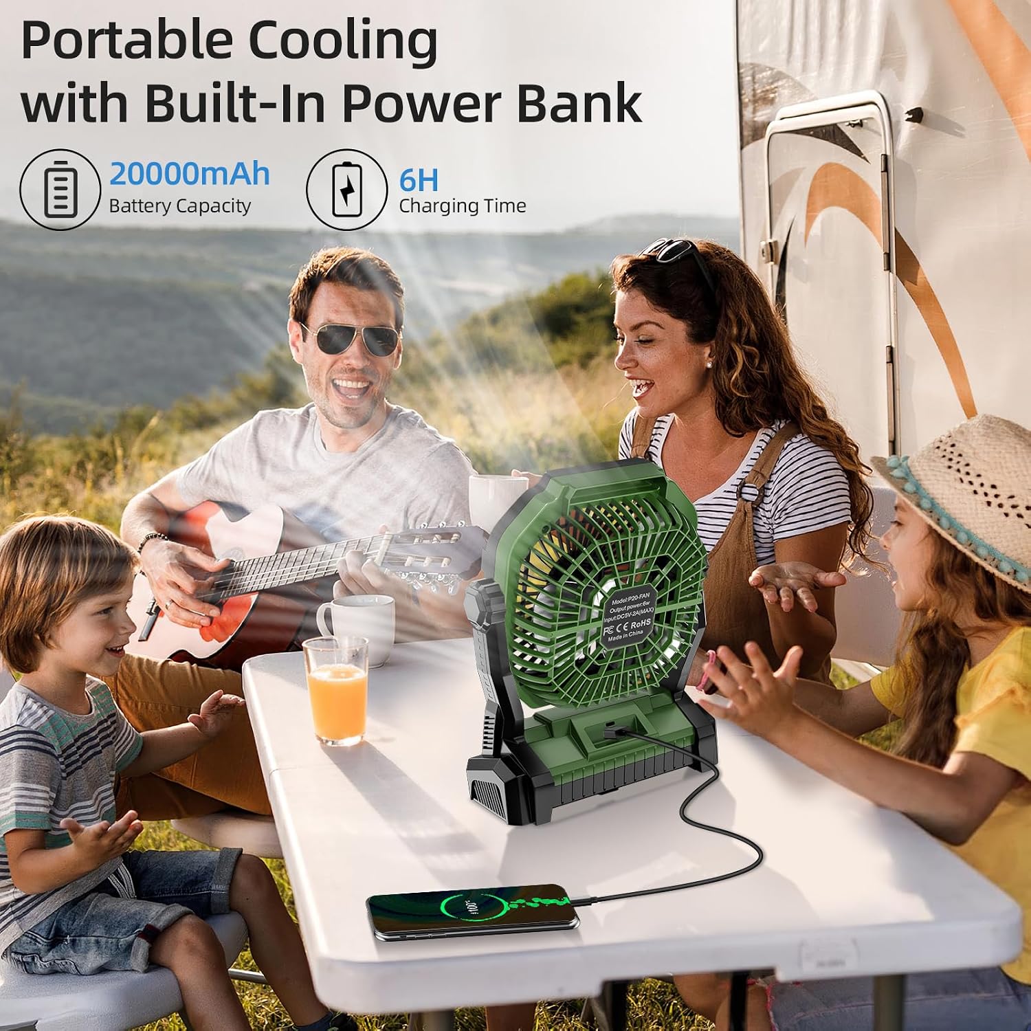 Camping Fan Rechargeable, 20000mAh Battery Powered Portable Fan with LED Light, 4-Speed 180° Adjustable, Camping Essentials for Tent, Travel, Car, Outdoor, Indoor, BBQ, Fishing, Jobsite - Green