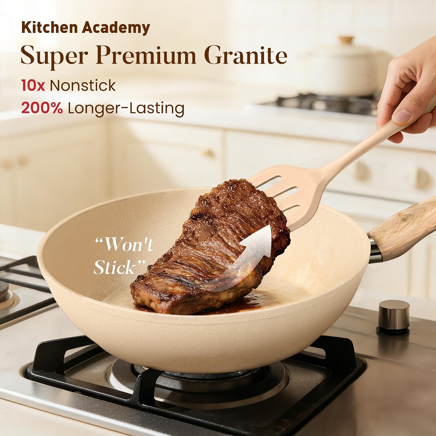 Kitchen Academy Beige Pots and Pans Set Non Stick, 12Pcs Induction Cookware