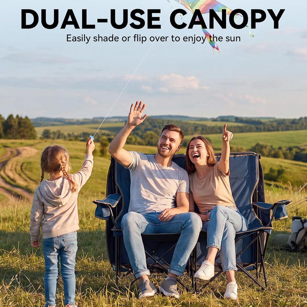 Double Camping Chair with Canopy,2 Person Folding Chair with Canopy, Blue