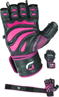 Grip Power Pads Leather Gym Gloves for Women – Built-in 2" Wrist Wraps, Pink Weightlifting, Powerlifting, Bodybuilding Workout