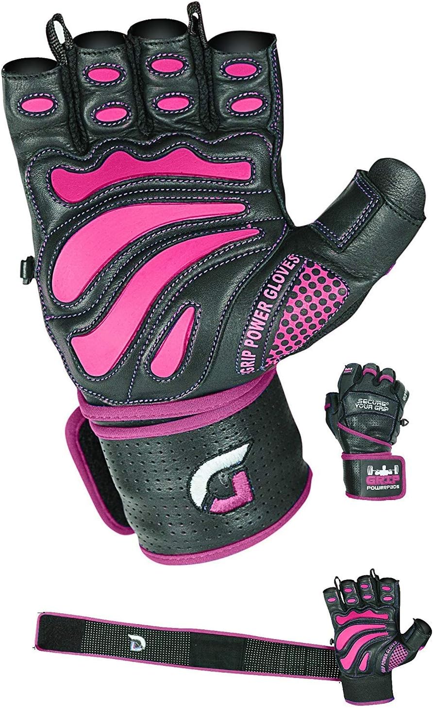 Grip Power Pads Leather Gym Gloves for Women – Built-in 2" Wrist Wraps, Pink Weightlifting, Powerlifting, Bodybuilding Workout