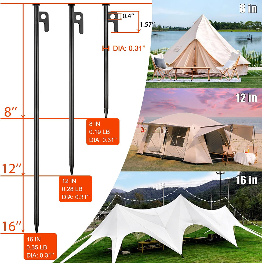 8 Pack Tent Stakes Heavy Duty Metal Tent Pegs for Camping Steel Tent Stakes 12 inch Unbreakable and Inflexible
