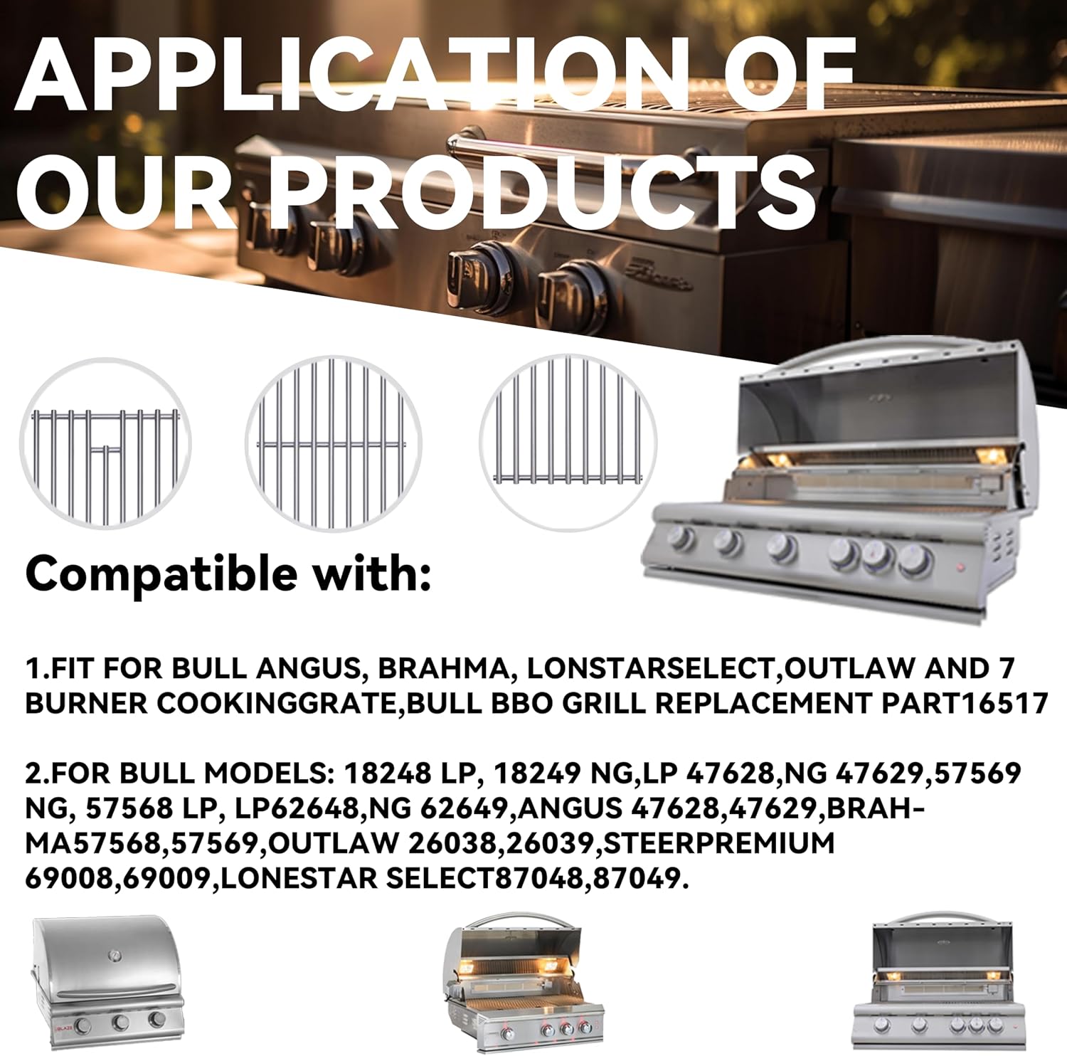 Upgrade 1 Pack 7mm 304 Stainless Steel BBQ Cooking Grill Grate Replacement Part for Bull 16517,BBQ Angus 47628, Brahma, Lonstar Select, Outlaw Steer Premium, Lonestar Select,7 Burner Premium