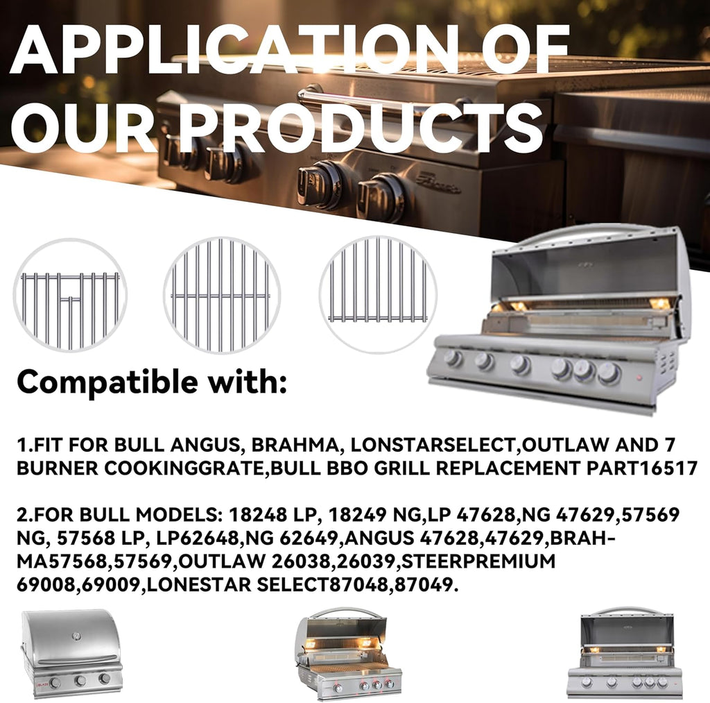Upgrade 4 Pack 8mm 304 Stainless Steel BBQ Cooking Grill Grate Replacement Parts for Bull 16517,BBQ Angus 47628, Brahma, Lonstar Select, Outlaw Steer Premium, Lonestar Select,7 Burner Premium