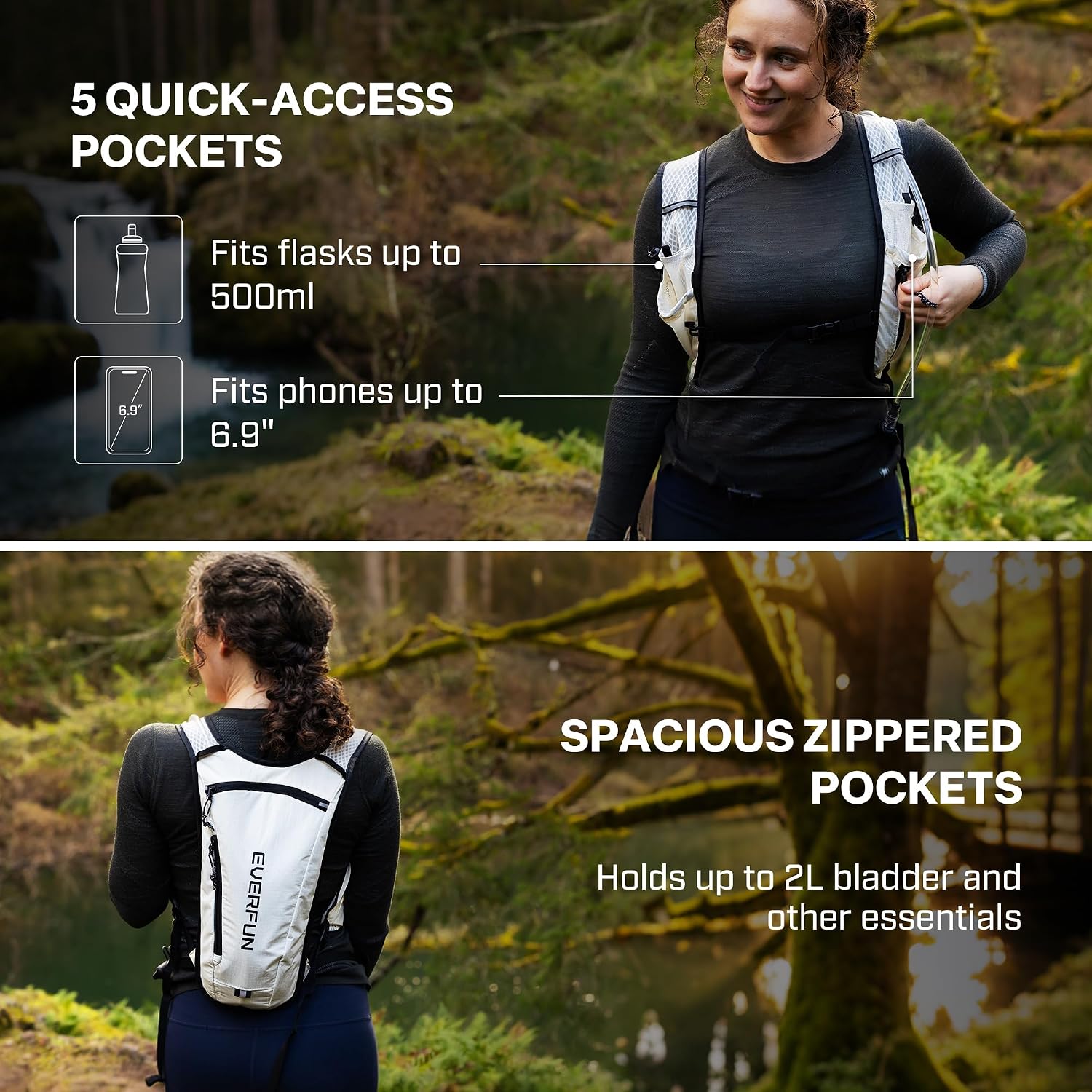 EVERFUN Hydration Backpack Running Vest Small Hiking Water Backpack with 1.5L Water Bladder, Lightweight Reflective Phone Holder Hydro Pack for Trail Running, Biking, Race, Marathons