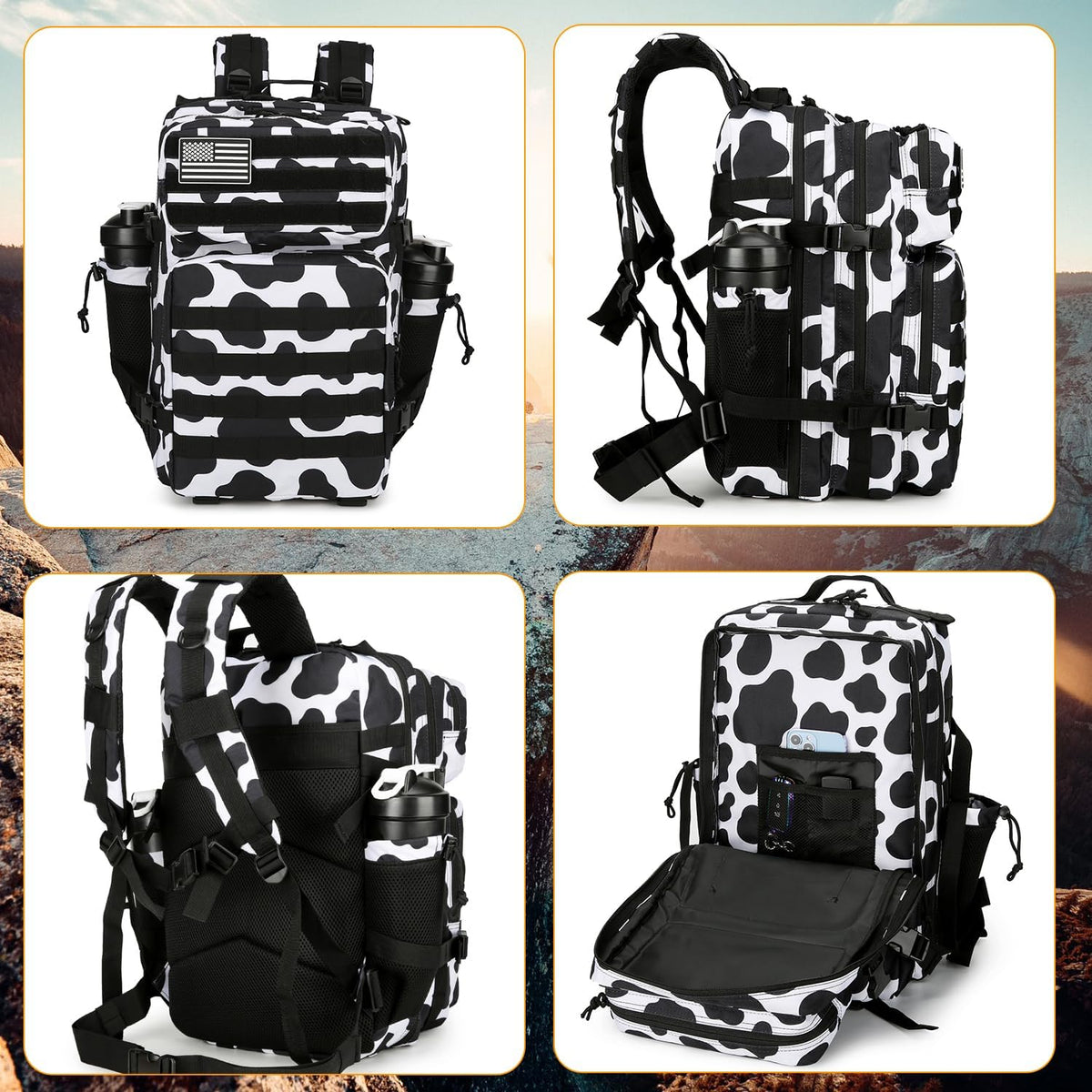 Lovelinks21 25L Tactical Backpack Military Tactical Backpack for Men and Women Small Assault Pack Outdoor Travel Hiking Camping Rucksack with Molle Webbing (Cow Print)