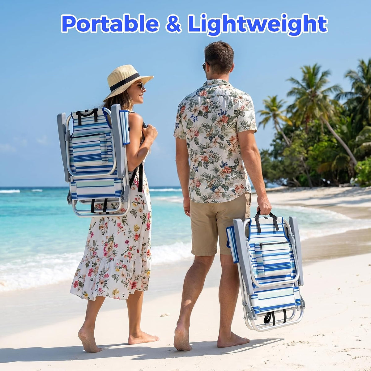 Backpack Beach Camping Chairs with 8 Positions Lay Flat, 2 Pack Lightweight Folding Beach Chair with Adjustable Headrest, Pouch, Cup Holder for Outdoor Lawn Picnic, Support 300LBS(Stripes_Blue & Cyan)