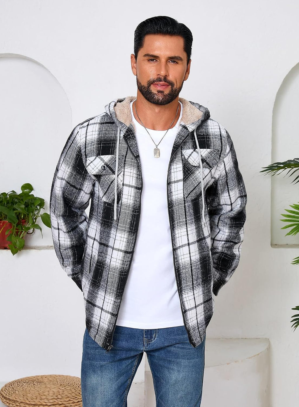 Men's Zip Up Flannel Shirt Jacket Fleece Lined with Hood