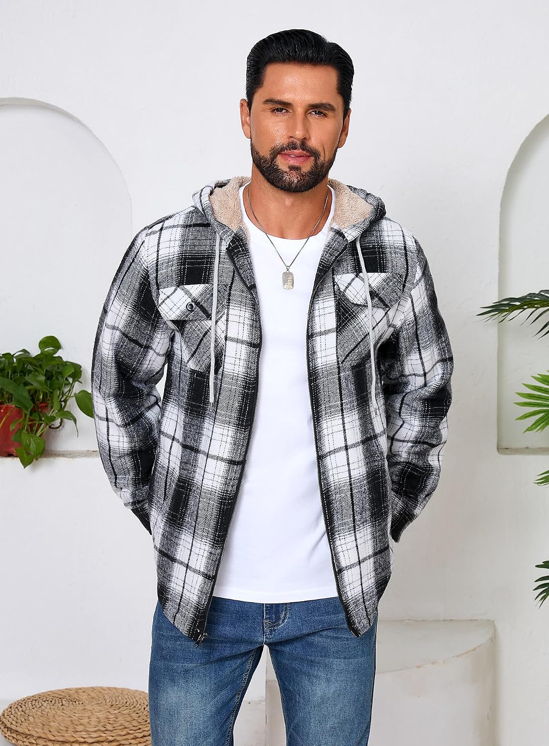Men's Zip Up Flannel Shirt Jacket Fleece Lined with Hood
