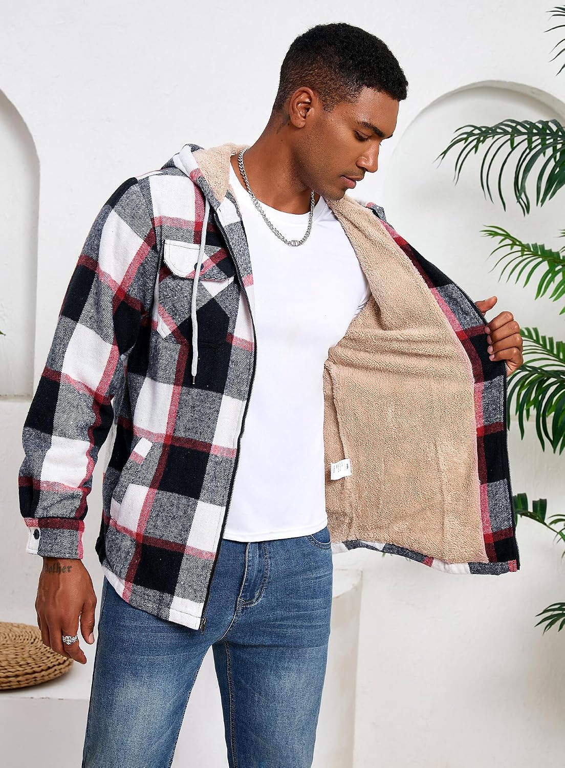 Men's Zip Up Flannel Shirt Jacket Fleece Lined with Hood