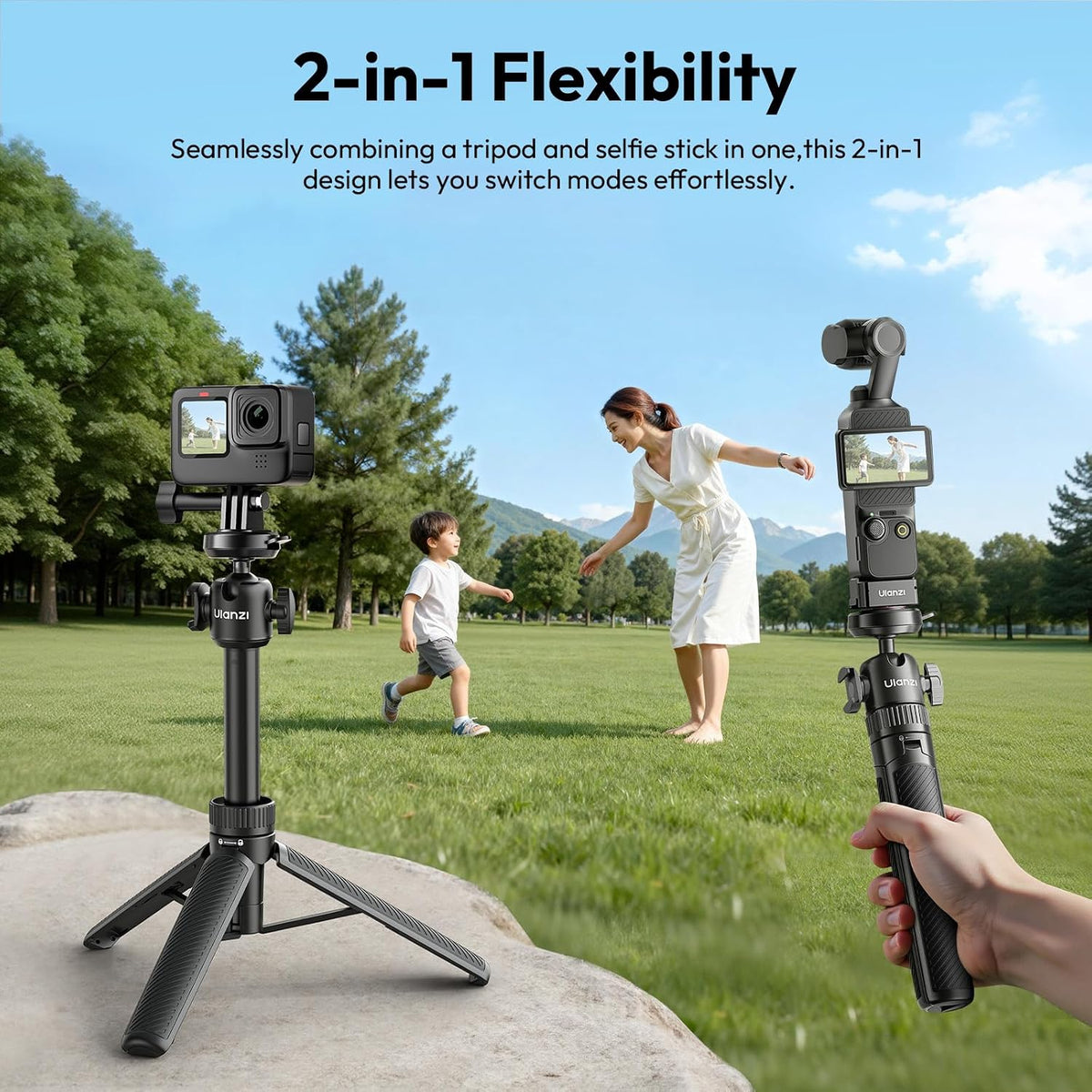 ULANZI MT90 2-in-1 Selfie Stick Tripod with CKA Quick Release, 5-Section Adjustable Aluminum Stand, 360° Ball Head & Cold Shoe for GoPro Hero/DJI Osmo Action/Insta360, Compact Cameras