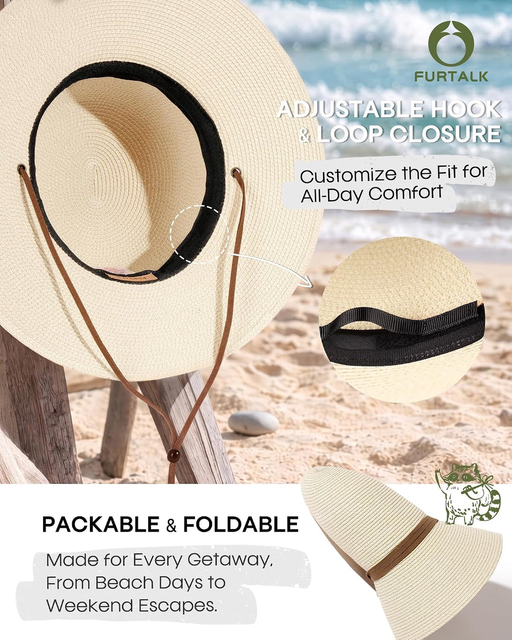 FURTALK Womens Wide Brim Sun Hat with Wind Lanyard UPF Summer Straw Sun Hats for Women