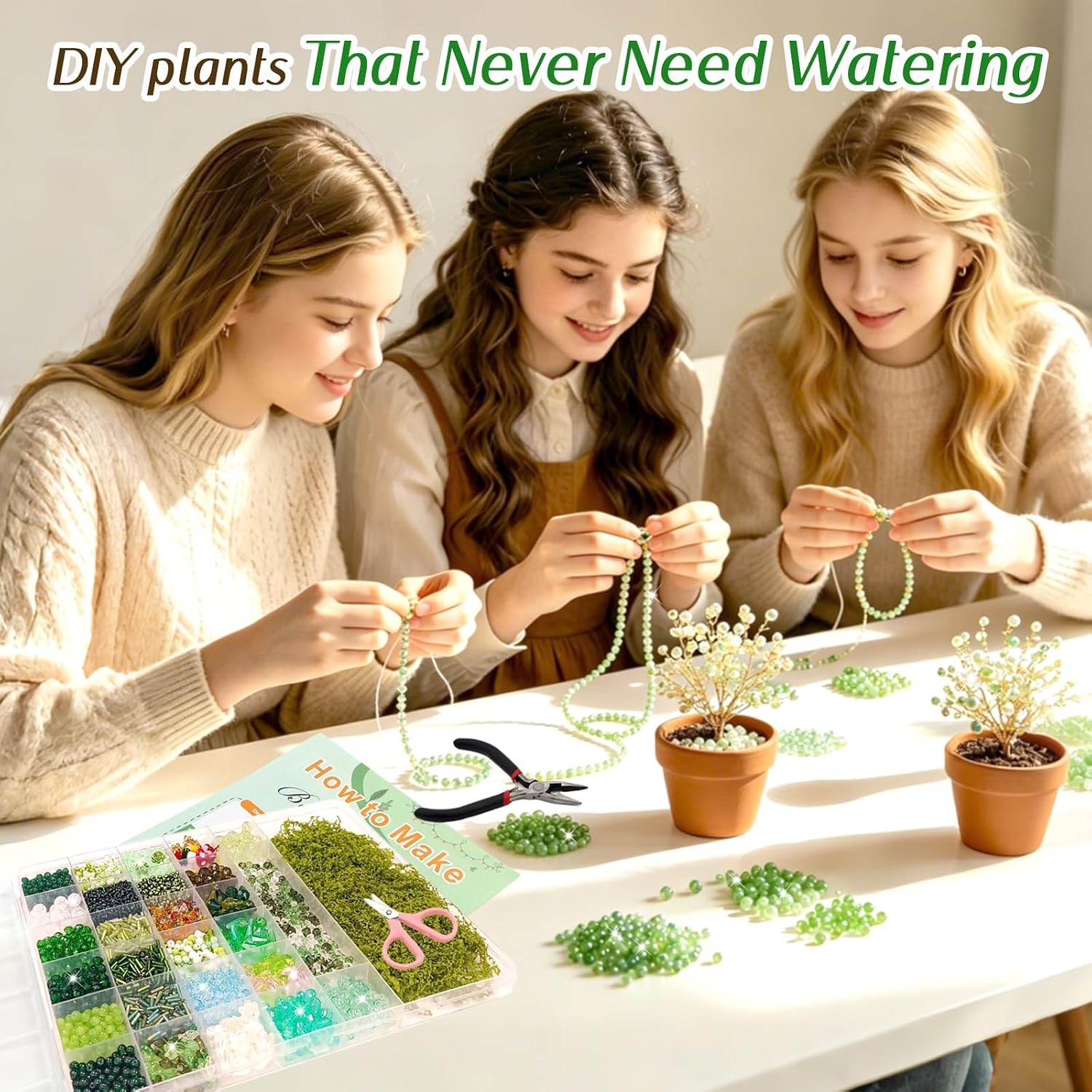 ZYNERY 5600pcs Beaded Plant Kit, Green Glass Beads, with A Full Set of Tools Green Beads Kit Glass for Making Succulent Jewelry and DIY Crafts Fridge Magnets