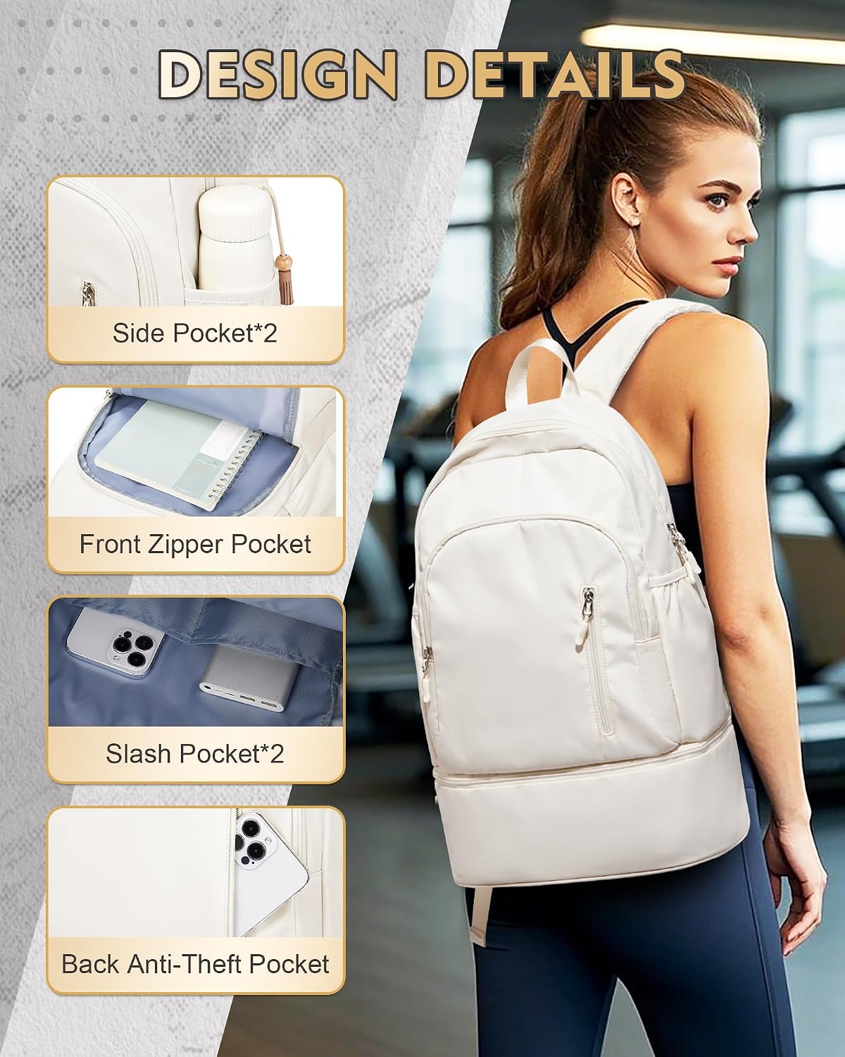 Gym Backpack for Women Men, Lightweight Gym Bag with Shoe Compartment, Waterproof Sports Backpack with Wet Pocket for Yoga Fitness Sports, Beige