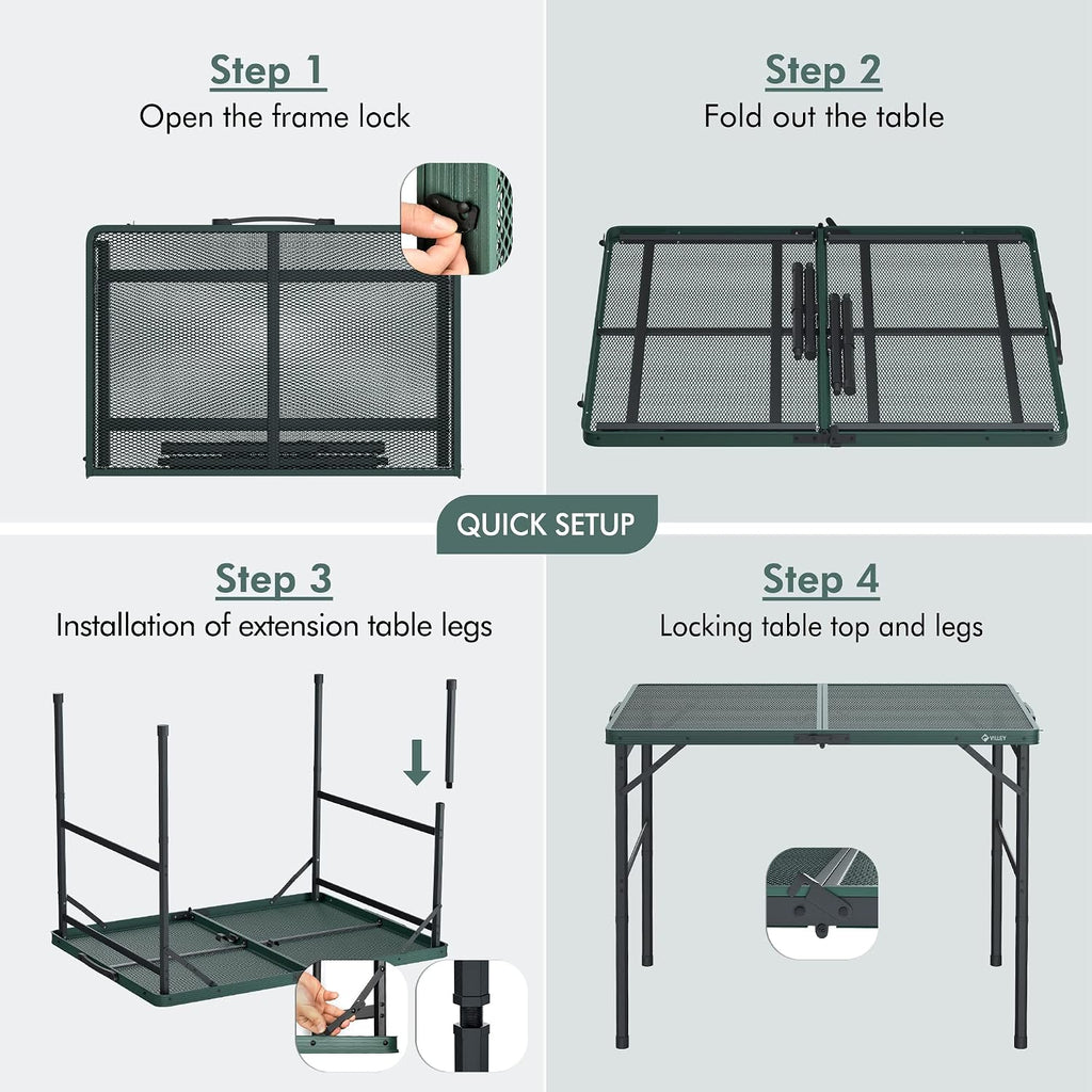 VILLEY 3ft Folding Camping Table, Aluminum Grill Table with Adjustable Legs