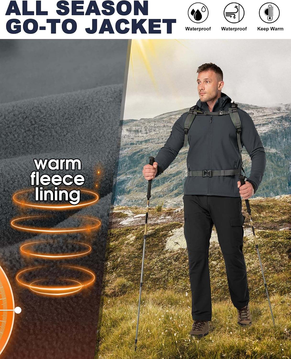33,000ft Men's Hooded Fleece Lined Rain Shell Jacket Waterproof Lightweight