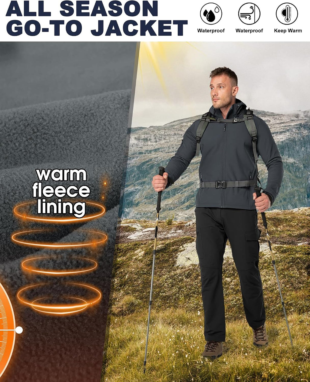 33,000ft Men's Hooded Fleece Lined Rain Shell Jacket Waterproof Lightweight