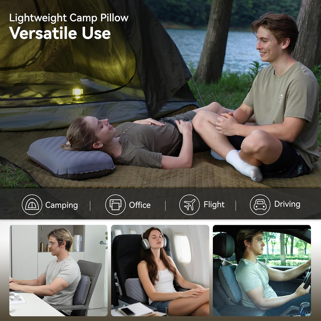 MARCHWAY Inflatable Camping Pillow with Soft Foam Top & TPU Air Bladder, Dual-Sided Support for All-Season, Lightweight Compact Travel Pillow for Hiking, Backpacking, Airplane, Car (Grey)