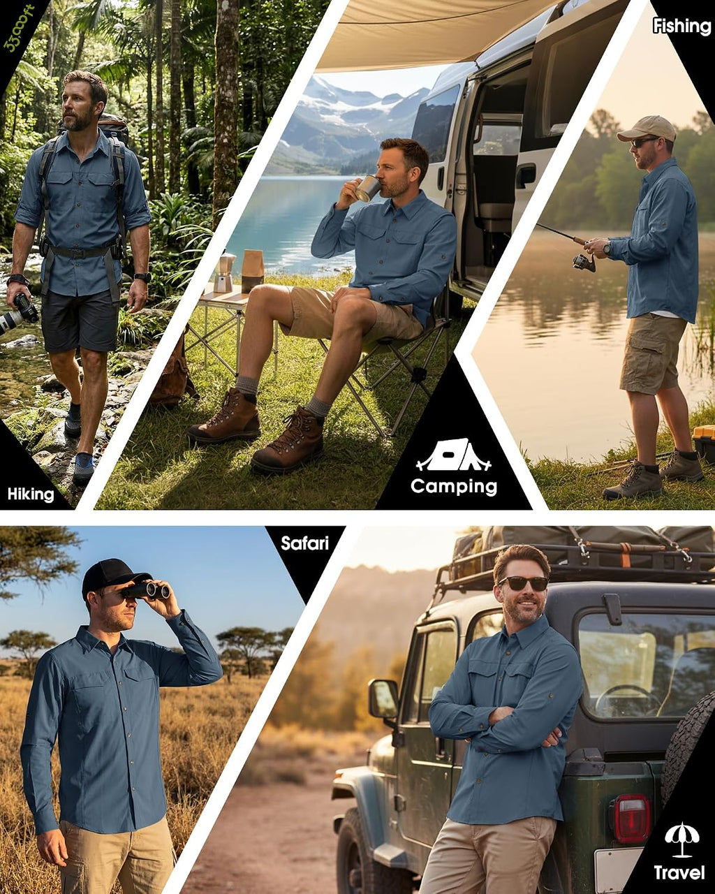 33,000ft Men's Long Sleeve Hiking Shirts Lightweight Quick Dry Sun Protection UV UPF 50 Fishing Shirt Outdoor Safari Travel
