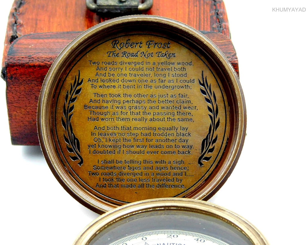 Brass Hand Made Fully Functional Compass with Leather Case & Robert Frost Poem Engraved