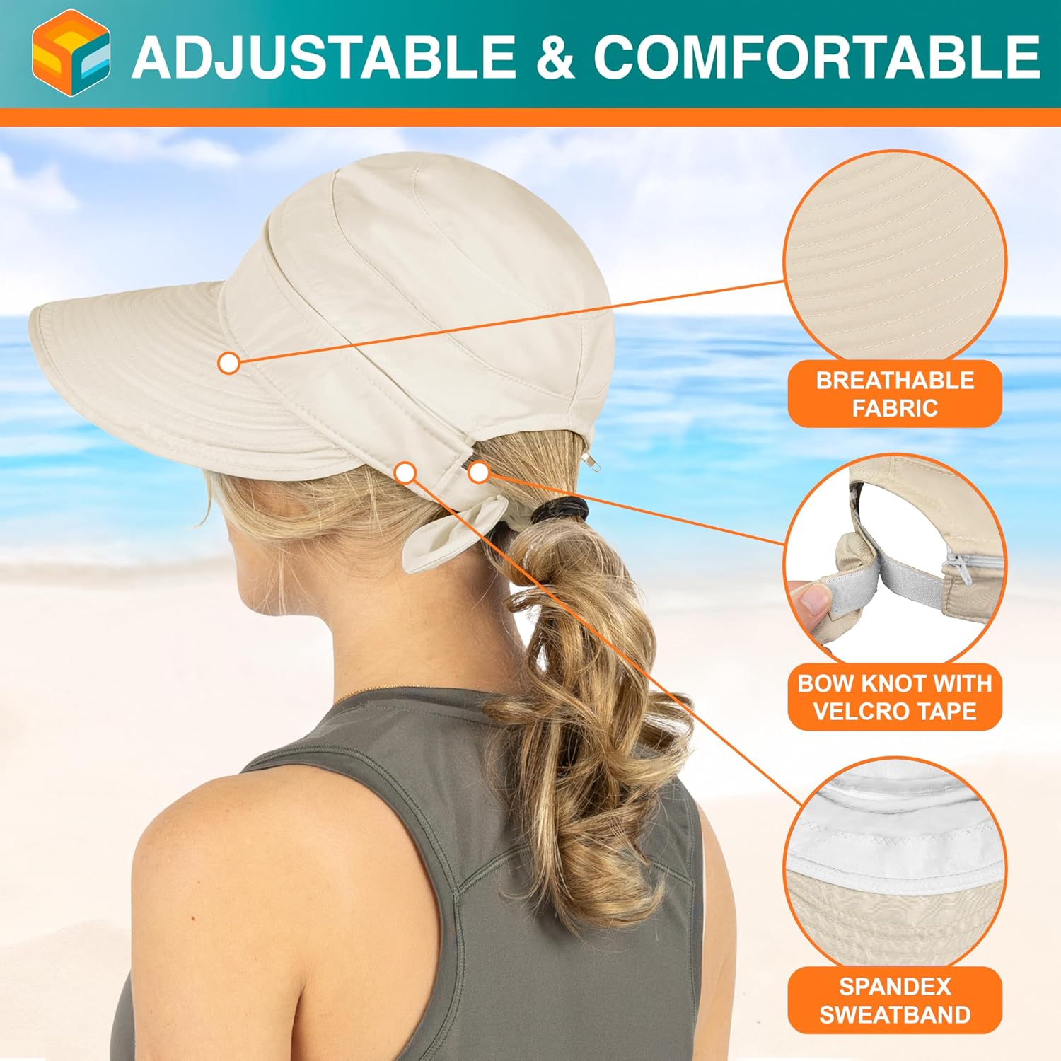 SUN CUBE Womens Sun Hat UV Protection Wide Brim Zip-Off Golf Visor