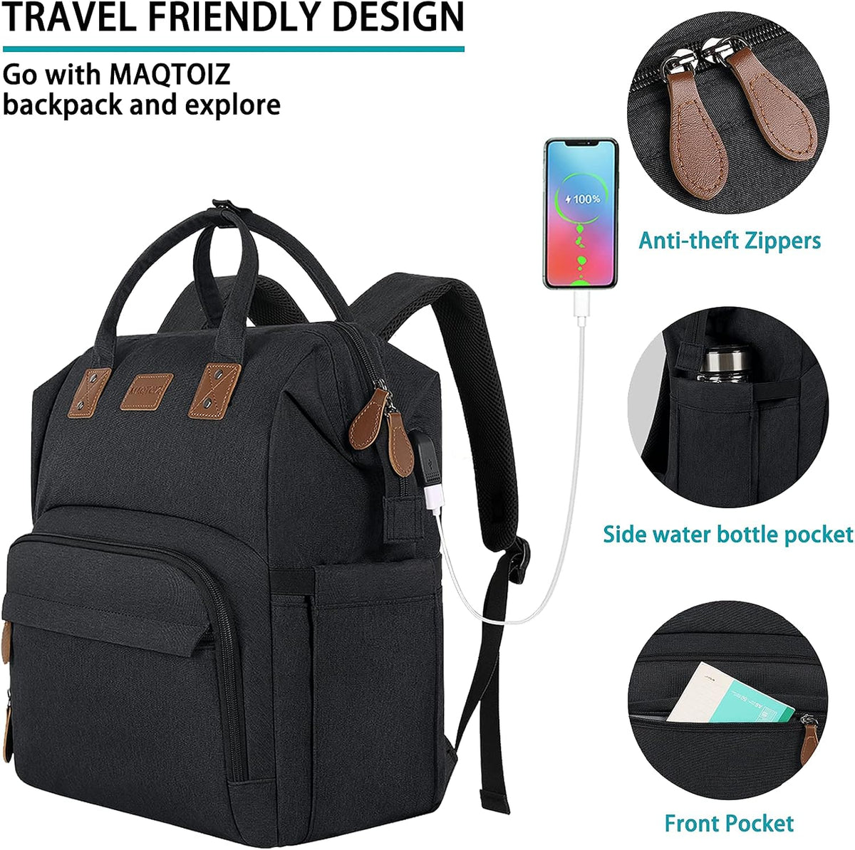 17 Inch Laptop Backpack, Large Lunch Backpack for Women Men Gifts, Travel Carry On with Lunch Box and USB Port, Insulated Cooler Bookbag Nurse Work Backpacks, Black