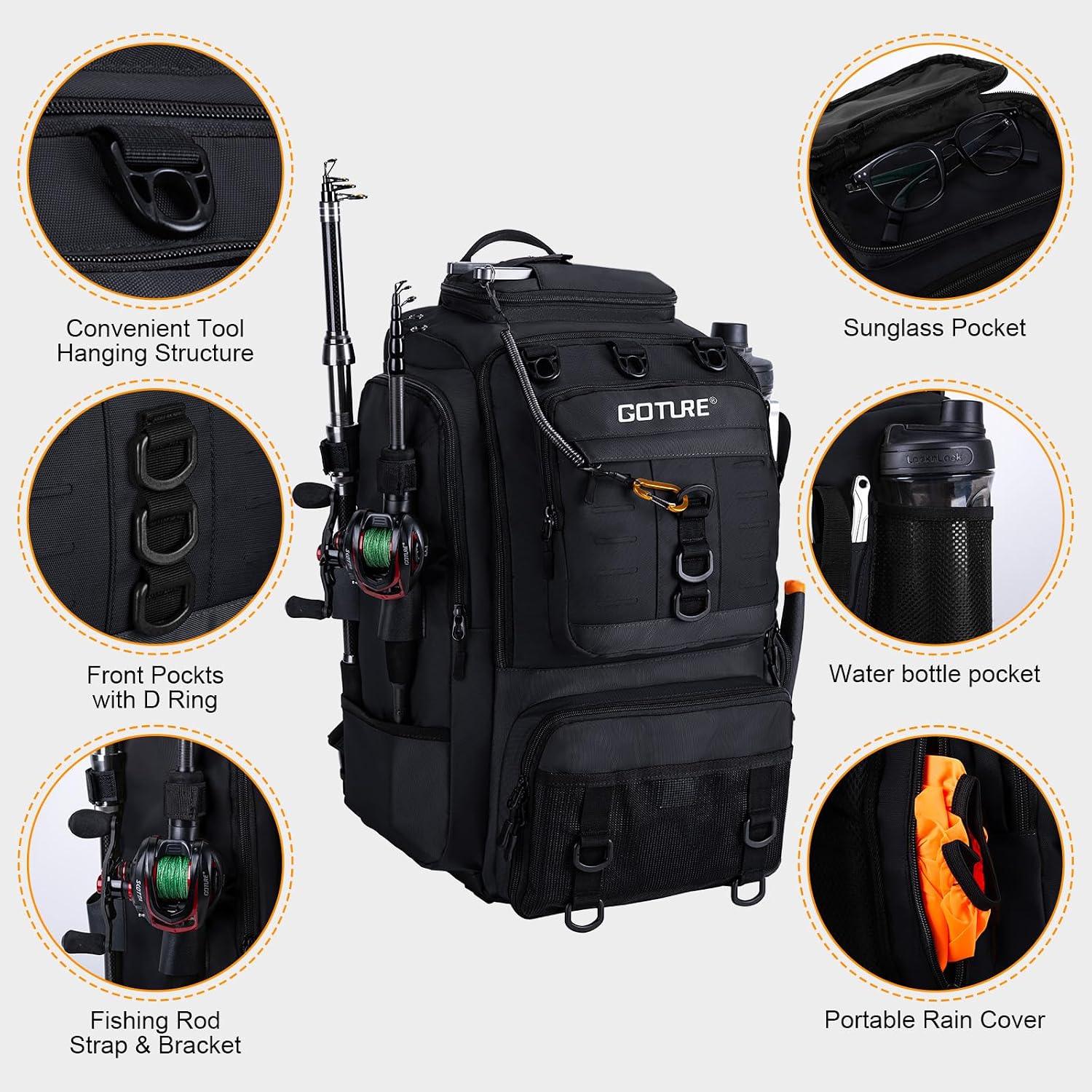 Goture 40L Black Fishing Tackle Backpack w/Cooler & fishing tackle boxes