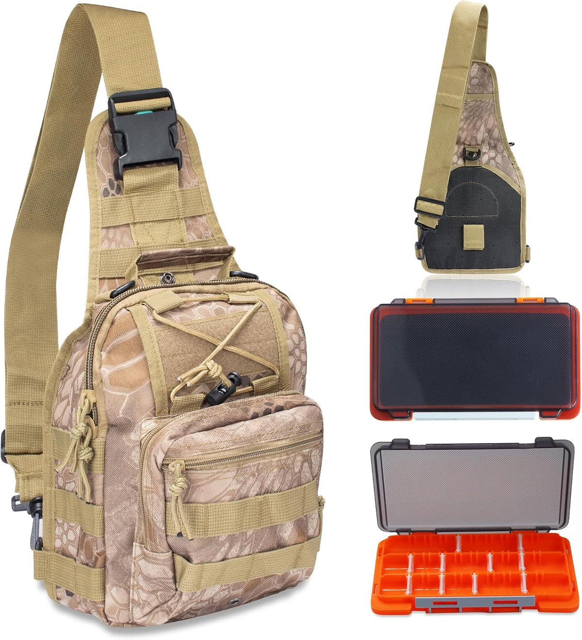 Waterproof Fishing Backpack with 2 Tackle Boxes, 2-Way Carry Design & Durable Material,Black, Khaki, Camo (Khaki with Two Tackle Boxes)