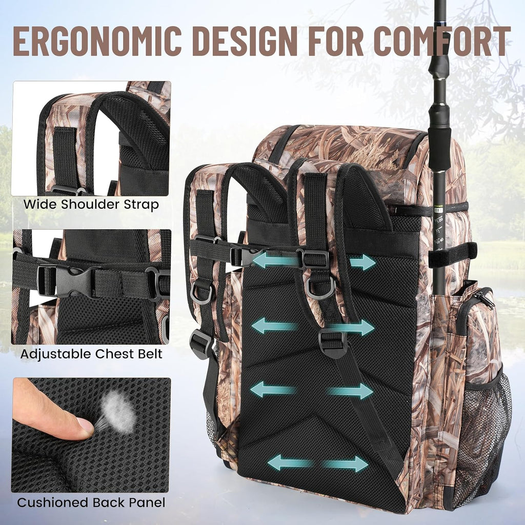 VJI 52L Large Fishing Tackle Backpack with Rod Holders, Reed Beige